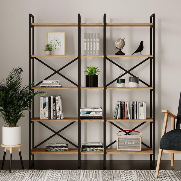 Biblioteca Advantex 5 rafturi Lung cadru metal, Stejar, 144x175x30 cm