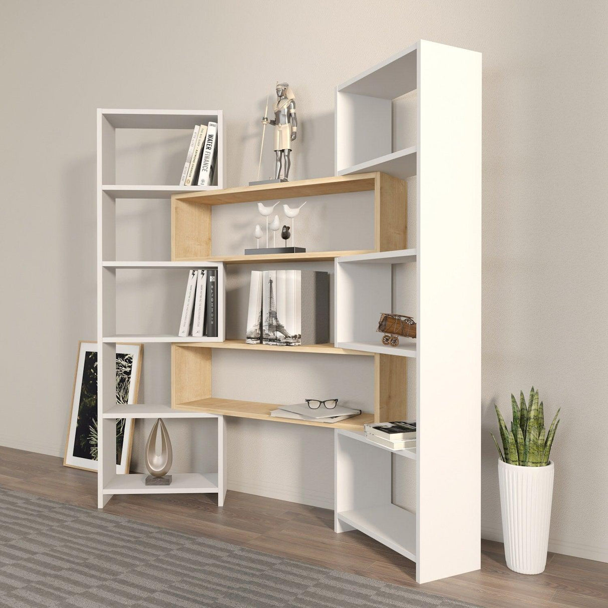 Bibliotecă de Colț Multifuncțională, 163x150x22 cm - stejar alb