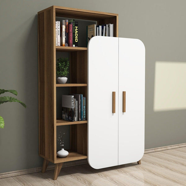Biblioteca Form cu raft si Usa, Stil Scandinav, Maro - Alb, 90x132x32 cm