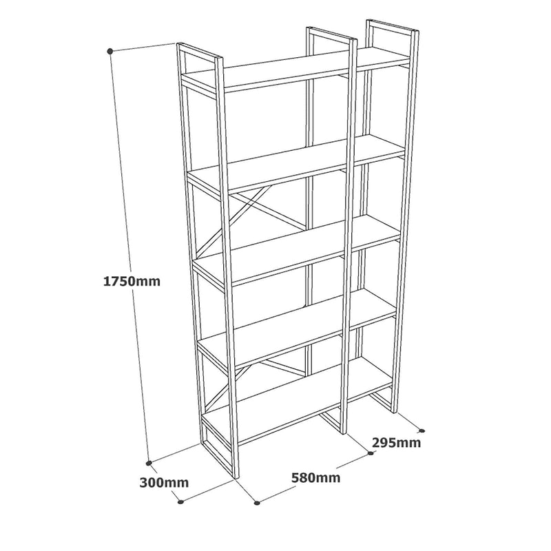 Biblioteca Kinesis cadru metalic 5 rafturi, Stejar, 88 x 175 x 30 cm