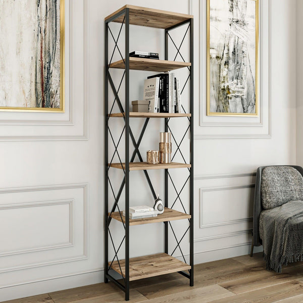 Biblioteca Suadiye cu 6 Rafturi cadru Metalic, Stejar, 50x180x35 cm