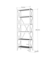 Biblioteca Suadiye cu 6 Rafturi cadru Metalic , Stejar, 50 x 180 x 35 cm
