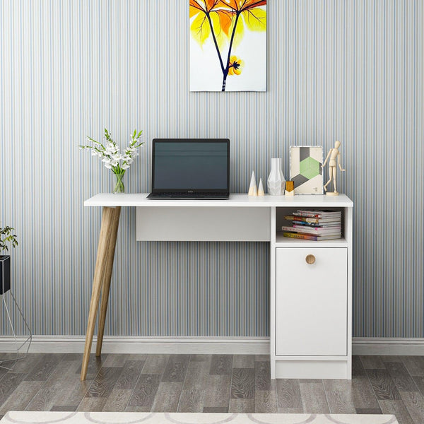 Birou Cannas cu sertar si raft, Alb, 110x74x50 cm