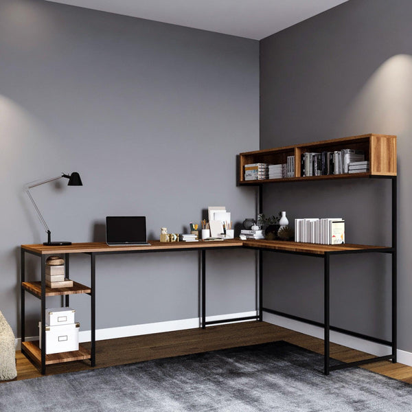 Birou Colt cu Biblioteca Mercan, Nuc, 200x72x60 cm