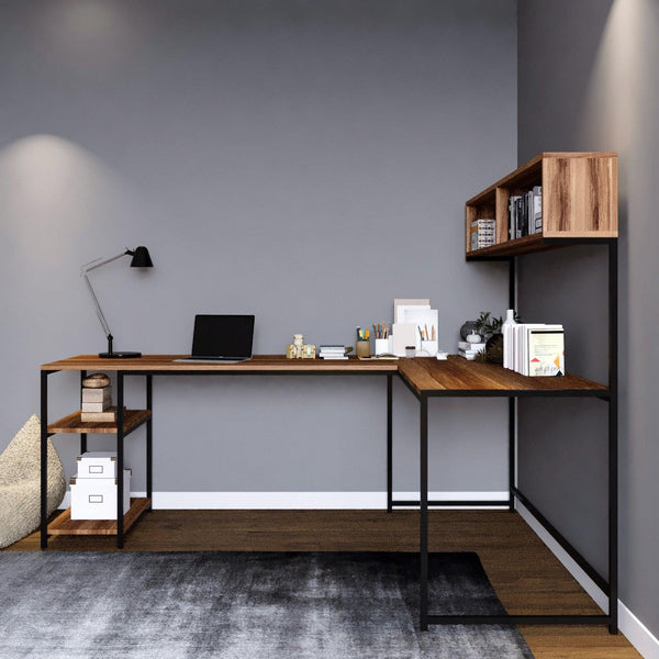 Birou Colt cu Biblioteca Mercan, Nuc, 200x72x60 cm