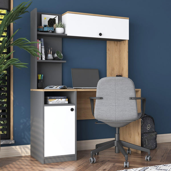 Birou cu Biblioteca Dani cu 2 Usi si 6 Rafturi, Stejar - Gri, 117x160x46 cm