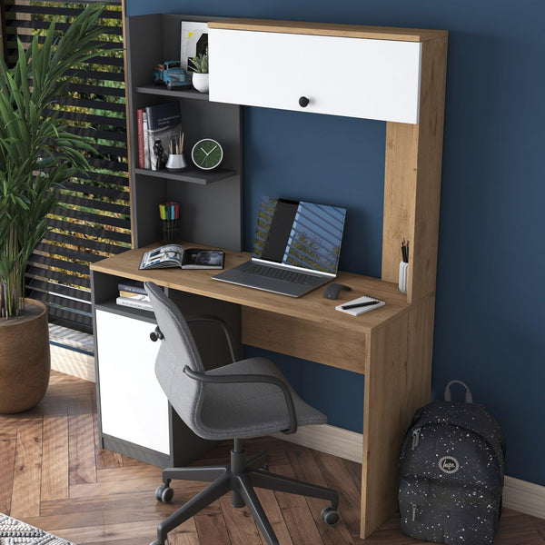 Birou cu Biblioteca Dani cu 2 Usi si 6 Rafturi, Stejar - Gri, 117x160x46 cm