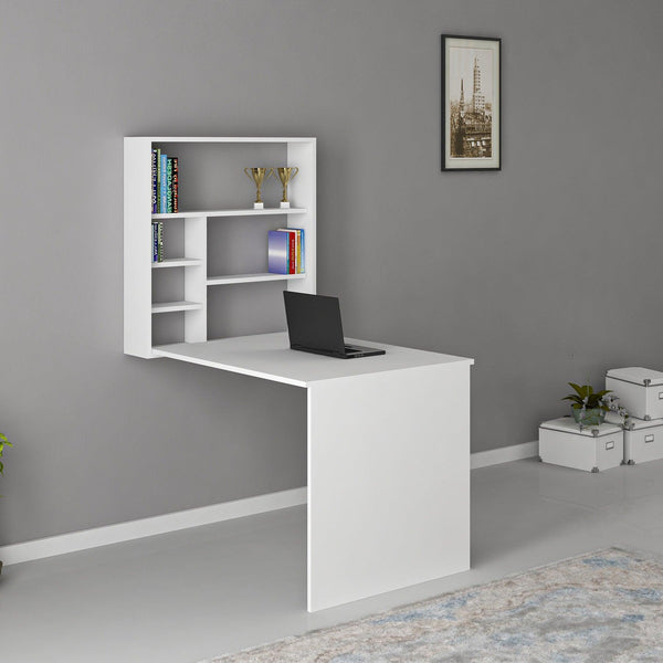 Birou cu raft de perete pliabile Elegant, Alb, 59x74x90 cm