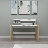 Birou Maynes cu Biblioteca, Picioare Lemn,  Stejar - Alb, 128 x 103 x 60 cm