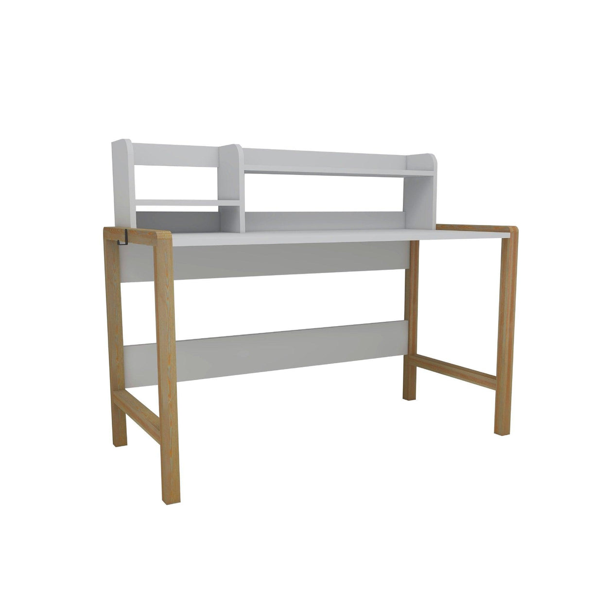 Birou Maynes cu Biblioteca, Picioare Lemn,  Stejar - Alb, 128 x 103 x 60 cm