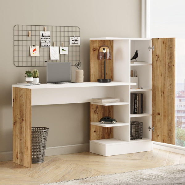 Birou Vexy cu raft si Biblioteca cu Usa, Alb/Crem, 153x74x40 cm