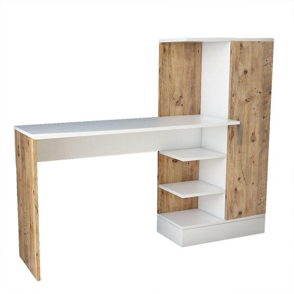 Birou Vexy cu raft si Biblioteca cu Usa, Alb/Crem, 153x74x40 cm