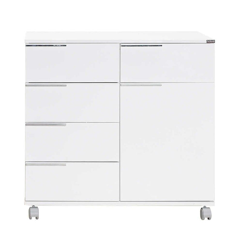 Comoda Adore Diamond, 1 usa, 5 sertare, cu rotile, Alb Lucios, 85 x 44 x 81 cm