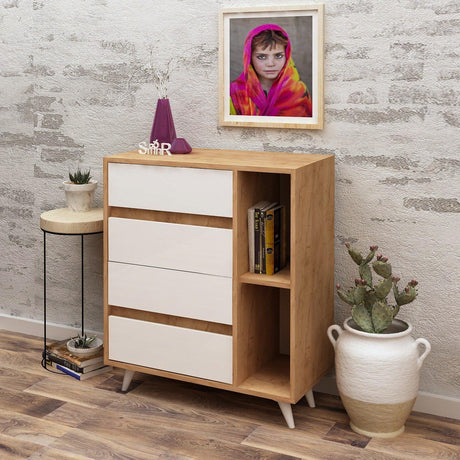 Comoda Tsela, 4 Sertare, 2 Rafturi, Stejar, 70x86x40 cm