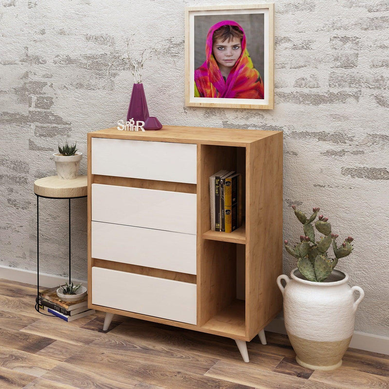 Comoda Tsela, 4 Sertare, 2 Rafturi, Stejar, 70 x 86 x 40 cm