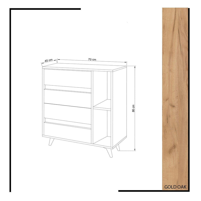 Comoda Tsela, 4 Sertare, 2 Rafturi, Stejar, 70 x 86 x 40 cm