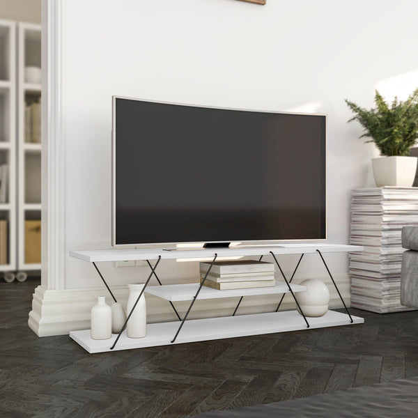Comoda Tv Alparslan cu Raft, Alb - Gri, 120x33x30 cm
