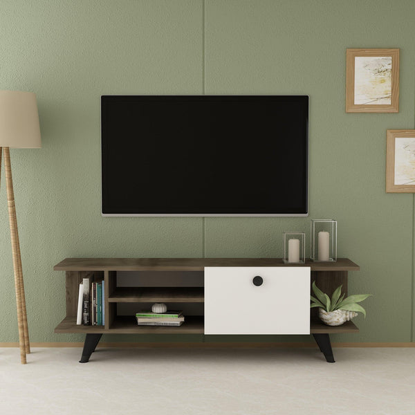 Comoda TV Fantery cu Rafturi si Usa, Nuc - Stejar, 120x45x30 cm