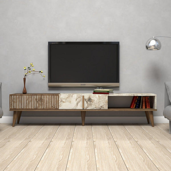 Comoda Tv Lux Elixir cu 3 Compartimente, Alb - Nuc, 180x40x35 cm