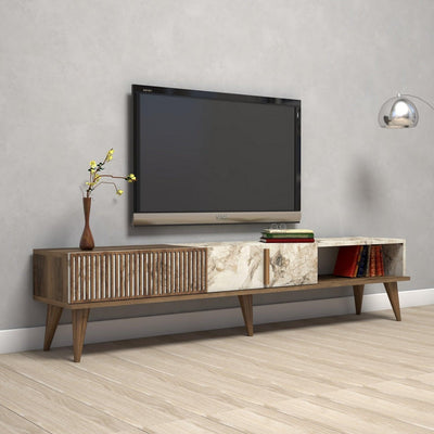 COMODA TV Lux Elixir cu 3 Compartimente, Alb - Nuc, 180 x 40 x 35 cm