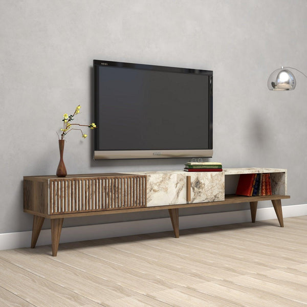 Comoda Tv Lux Elixir cu 3 Compartimente, Alb - Nuc, 180x40x35 cm
