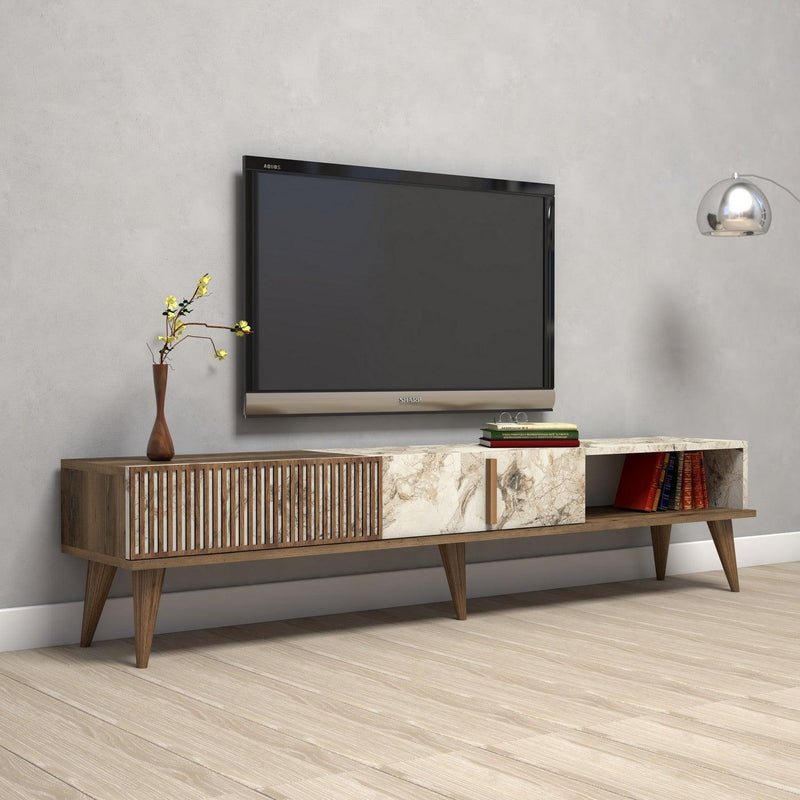 COMODA TV Lux Elixir cu 3 Compartimente, Alb - Nuc, 180 x 40 x 35 cm