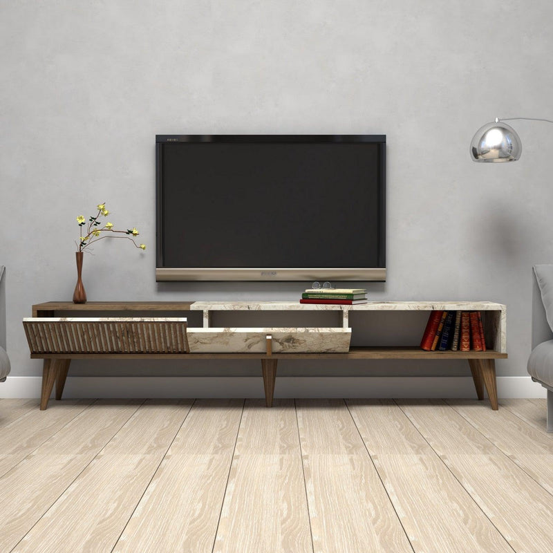 COMODA TV Lux Elixir cu 3 Compartimente, Alb - Nuc, 180 x 40 x 35 cm