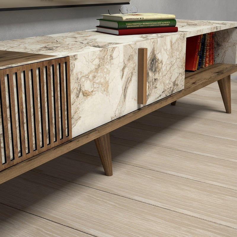 COMODA TV Lux Elixir cu 3 Compartimente, Alb - Nuc, 180 x 40 x 35 cm