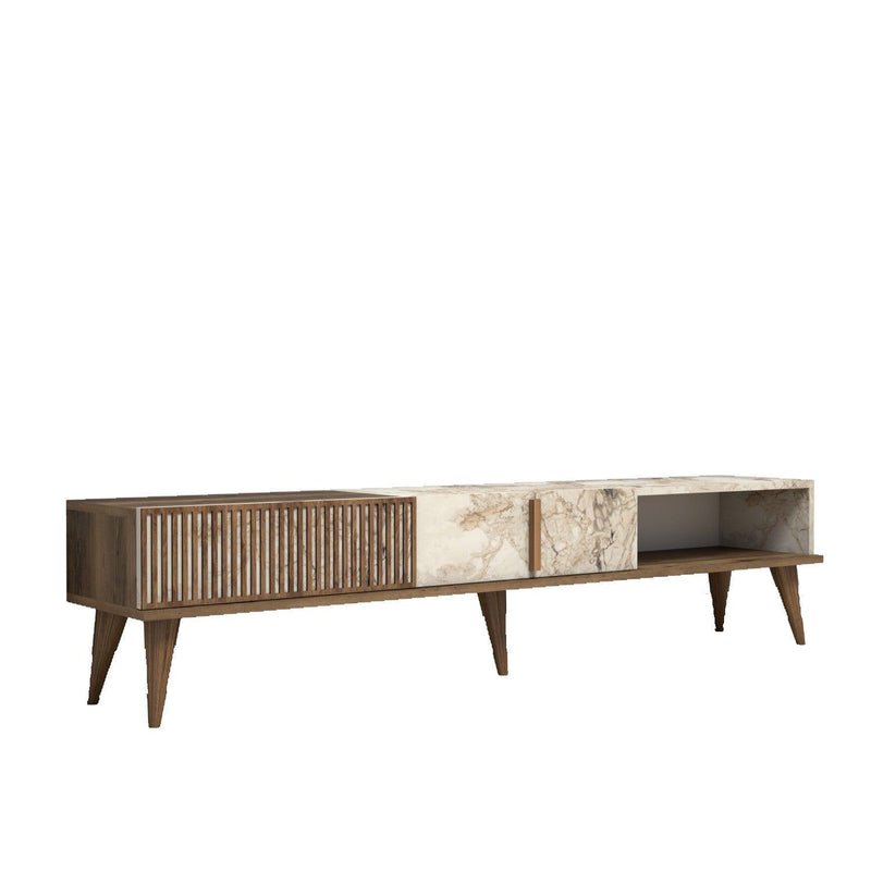 COMODA TV Lux Elixir cu 3 Compartimente, Alb - Nuc, 180 x 40 x 35 cm