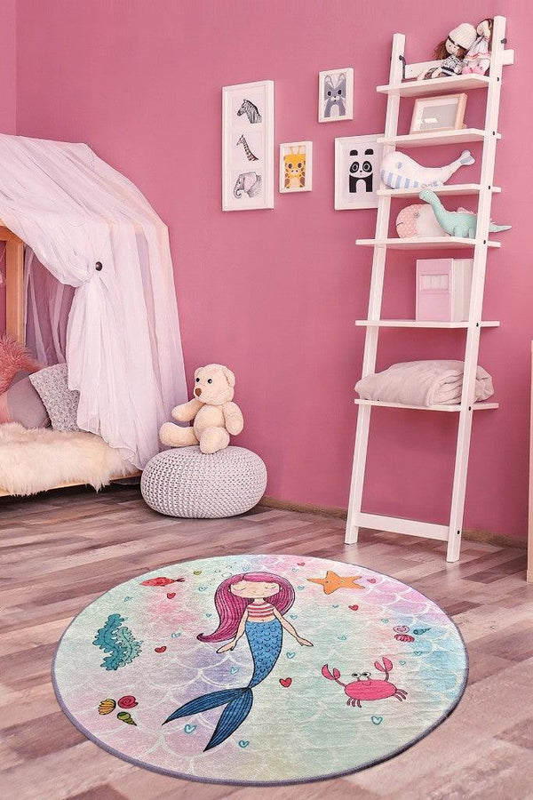 Covor de Copii Rotund Mermaid, Multicolor, 140x140 cm