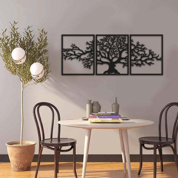 Decoratiune de perete Copacul Vietii, Metal, 3 Piese, Negru, 120x49 cm