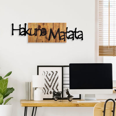 Decoratiune de perete lemn Hakuna Matata 4, Negru, 30x3x108 cm