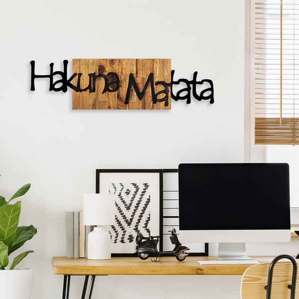 Decoratiune de perete lemn Hakuna Matata 4, Negru, 30x108 cm