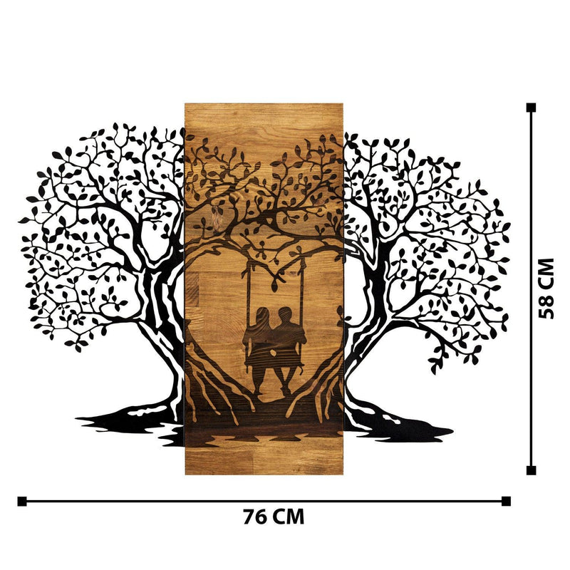 Decoratiune de perete lemn inima copacului, Negru, 76 x 58 x 3 cm
