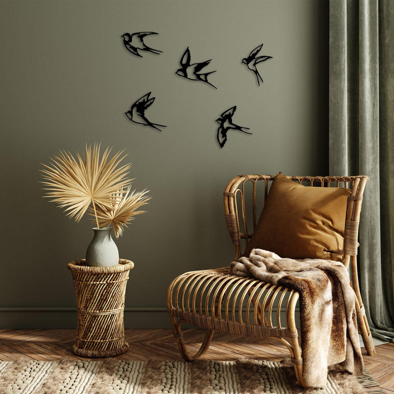 Decoratiune de perete lemn Swallows, Negru, 18x0,1x19 cm