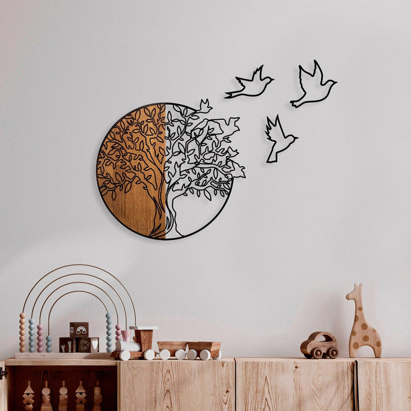 Decoratiune de perete lemn Tree And Birds 2, Nuc, 56x3x60 cm