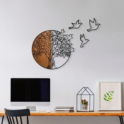 Decoratiune de perete lemn Tree And Birds 2, Nuc, 56x3x60 cm