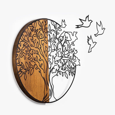 Decoratiune de perete lemn Tree And Birds 2, Nuc, 56x3x60 cm