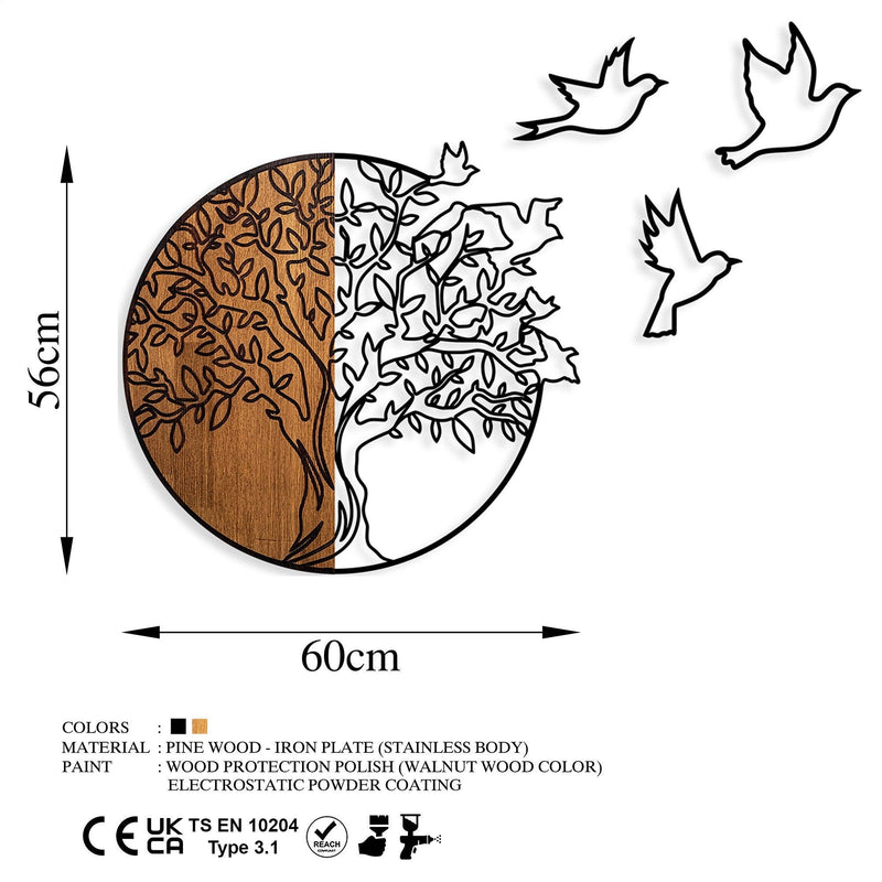 Decoratiune de perete lemn Tree And Birds 2, Nuc, 56x3x60 cm