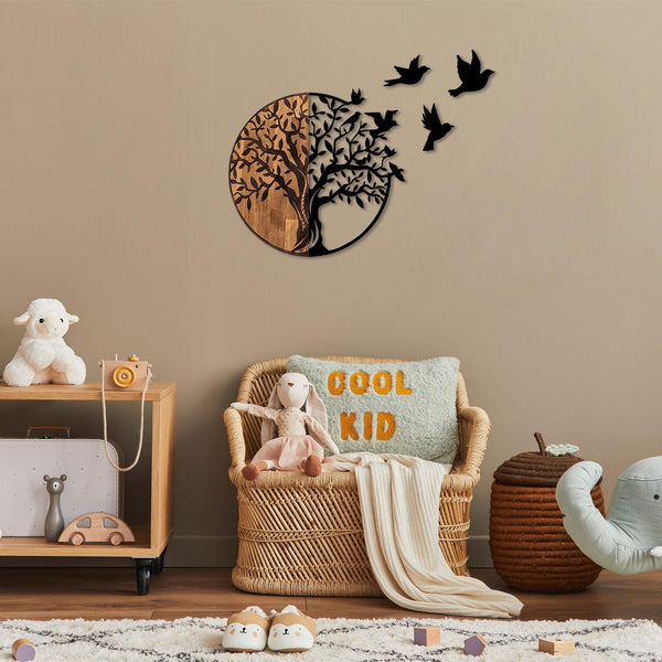 Decoratiune de perete lemn Tree And Birds - 322, Negru, 71x92 cm