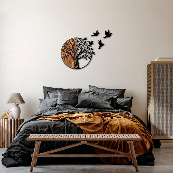 Decoratiune de perete lemn Tree And Birds - 322, Negru, 71x92 cm