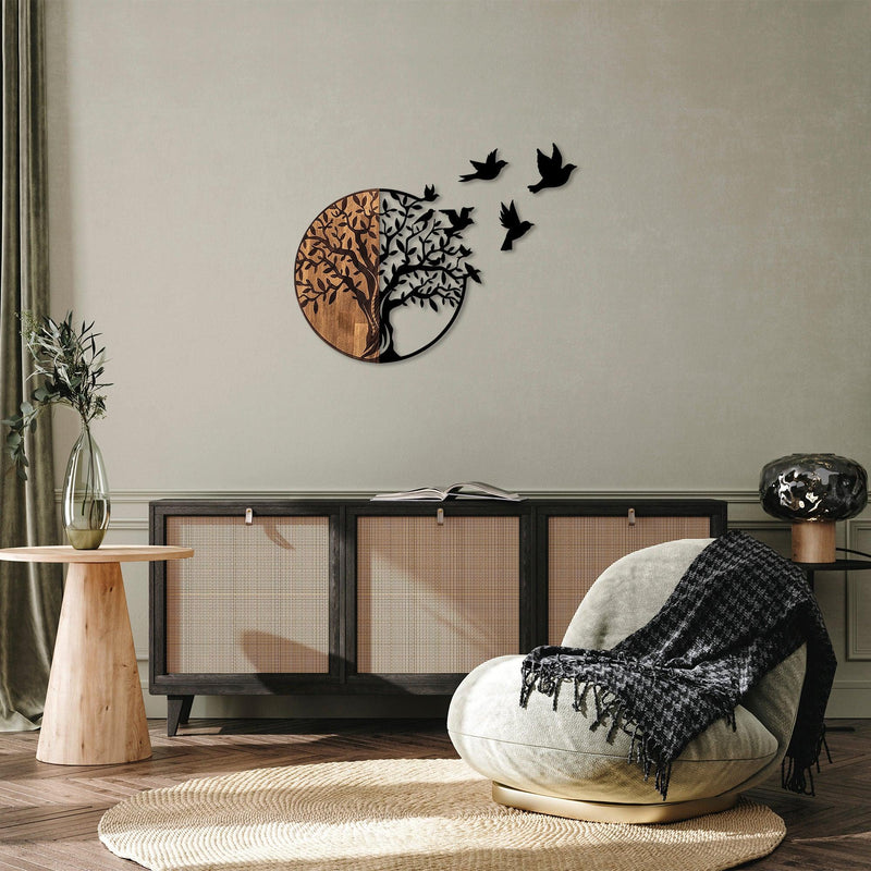 Decoratiune de perete lemn Tree And Birds - 322, Negru, 3x71x92 cm
