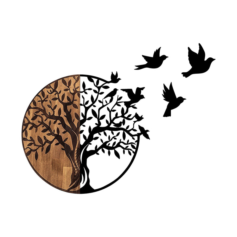 Decoratiune de perete lemn Tree And Birds - 322, Negru, 3x71x92 cm
