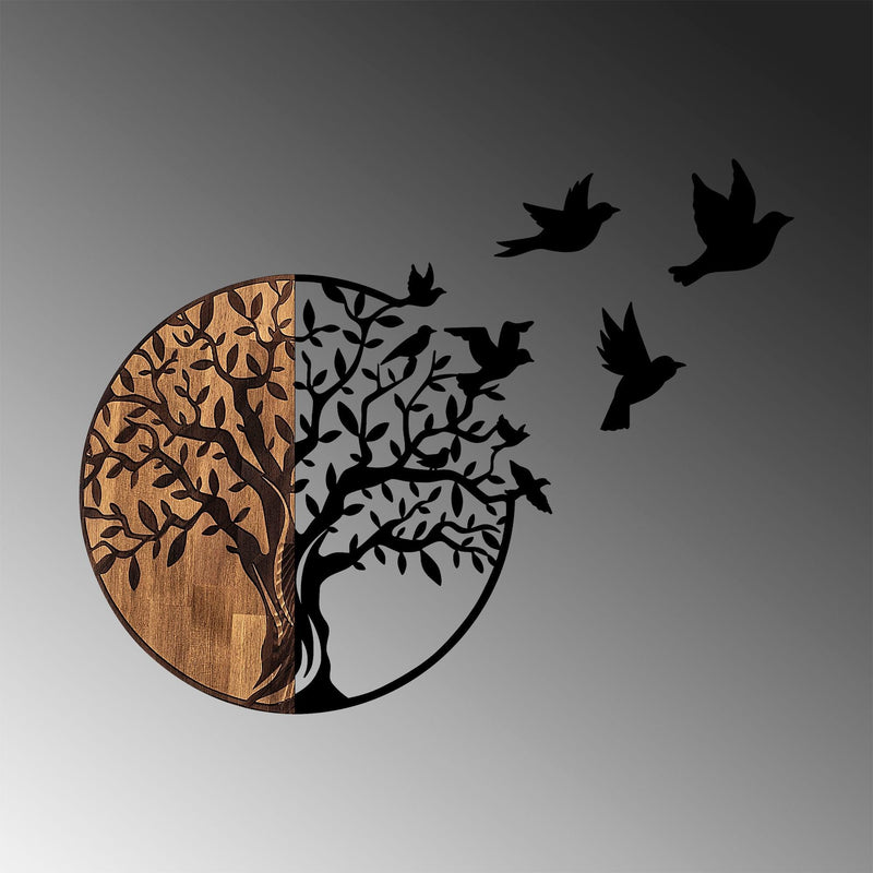 Decoratiune de perete lemn Tree And Birds - 322, Negru, 3x71x92 cm