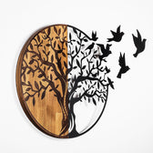 Decoratiune de perete lemn Tree And Birds - 322, Negru, 3x71x92 cm