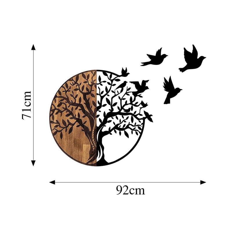 Decoratiune de perete lemn Tree And Birds - 322, Negru, 3x71x92 cm