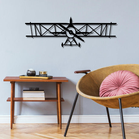 Decoratiune de perete Metal Avion, Negru, 23x70 cm