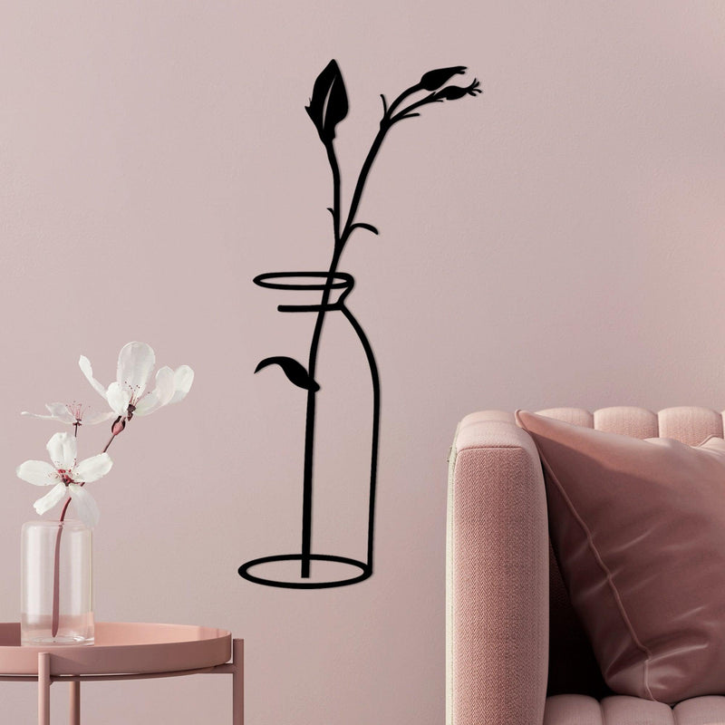 Decoratiune de perete Metal Flower In The Vase, Negru, 0.15x71x33 cm