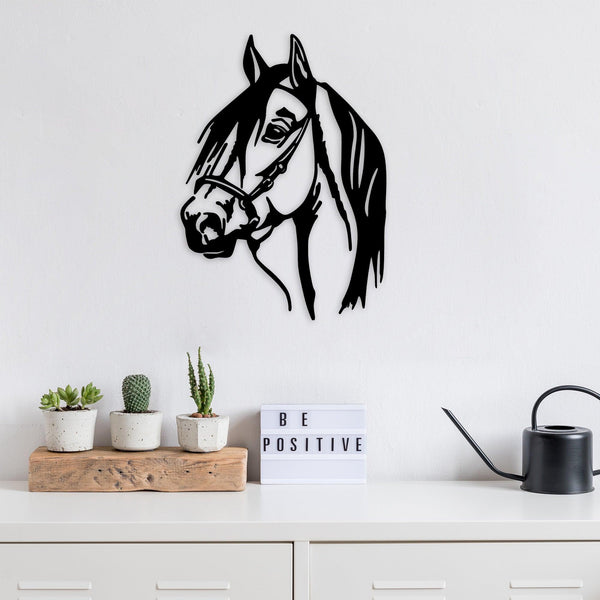 Decoratiune de perete Metal Horse Head, Negru, 55x40 cm