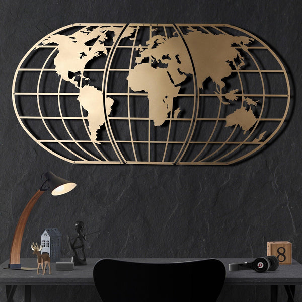 Decoratiune de perete Metal World Map Globe - Gold, Aur, 120x60 cm